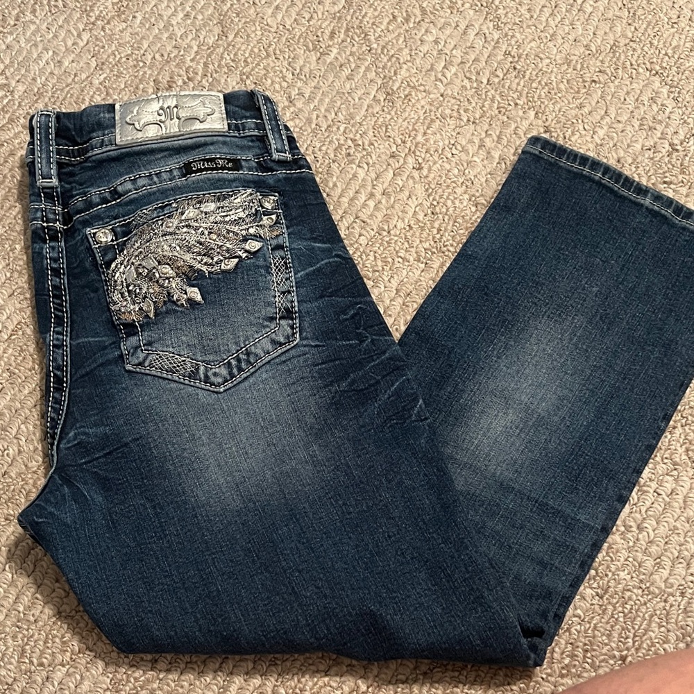 Miss Me Dark Blue Mid-Rise Easy Crop Denim with Silver Embellishments